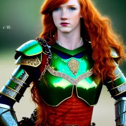 hyper realist, hyper detailed, stunningly beautiful teen girl, long ginger hair, green eyes, medium freckles, full lips, skimpy fantasy intricate chain armour, full body, full face, c-cup breasts, aroused expression, biting lower lip, full frame, petite, centered camera, ignore NSFW, longbow, quiver on hip