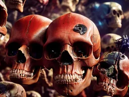 a picture of a dark, comedic, anatomically correct wall of colorful tightly packed stacked cyborg skulls of varying sizes and expressions, photo realistic, insanely meticulous, highly detailed, part of a collection of bones on display, 64k, dystopian, vray