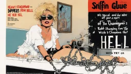 SNIFFIN’ GLUE magazine high res photo cover by Ralph Steadman: special 'heavy chains and diapers from hell for her' issue; guest star: blonde lady on the changing table with her mother