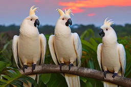 cockatoos, tropical paradise island, sunset