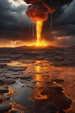 A hyper-realistic photo, gold dripping ink and ::1 ink dropping in water, molten lava, , 4 hyperrealism, intricate and ultra-realistic details, cinematic dramatic light, cinematic film,Otherworldly dramatic stormy sky and empty desert in the background 64K, hyperrealistic, vivid colors, , 4K ultra detail, , real photo, Realistic Elements, Captured In Infinite Ultra-High-Definition Image Quality And Rendering, Hyperrealism,