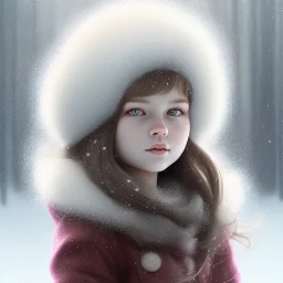 Portrait of girl child with brown hair and with cute face, north pole snowy vibe , perfect composition, hyperrealistic, super detailed, 8k, high quality, trending art, trending on artstation, sharp focus, studio photo, intricate details, highly detailed, by greg rutkowski