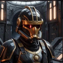 star wars bald male corellian pilot wearing pearlescent black and gunmetal grey First Order special forces heavy assault stealth commando armor and helmet with gold trim inside the jedi temple, hyperdetailed, dynamic lighting, hyperdetailed background, 8k resolution, volumetric lighting, light skin, fully symmetric details