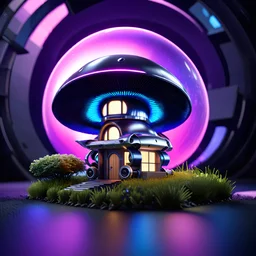 ""Futuristic purple, blue, and silver mushroom house" "intricate mech details, ground level shot, 8K resolution, Cinema 4D, Behance HD, polished metal, Unreal Engine 5, rendered in Blender, sci-fi, futuristic, trending on Artstation, epic, cinematic space space background, dramatic, atmospheric"