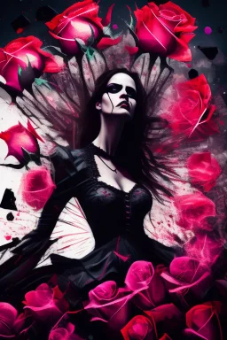 Explosive abstract image of a beautiful gothic girl, dramatic pose in a field of roses