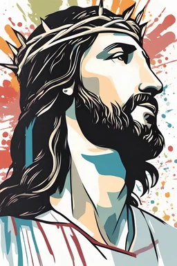 Casual painting style with abstract, whimsical and simplified stroke, Jesus Christ drawn with a raw line, some dotted colored spots in the background. The Crown of Thorns, diadem of sacrifice that adorns the forehead of Jesus the Redeemer,