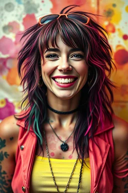 head and shoulders portrait, Miss Motley Crue - Smiling, a multicolored watercolor stained wall in the background, 4k, 8k, 32k UHD, Hyper realistic, extremely colorful, vibrant, photorealistic, realistic, sharp, highly detailed, professional quality, awesome, majestic, superb, trending on artstation, Cinematic, Real, Life like, Highly detailed, sharp, focused, fantastic
