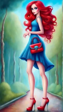 Creëer een mooie realistische Fantasie art, staande mooie vrouw, hoge schoenen, blauwe jurk, rood haar,met een handtas,kijkt achterom, inspired by Jeremiah Ketner,grote ogen, heldere ogen,digitaal geschilderd,Barbie gezicht