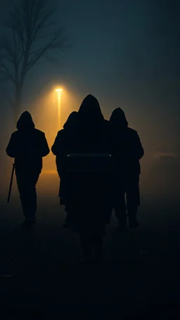 A group of hooded men wearing all black in funeral marching carrying a casket of a dead Man in a foggy night at the crave yard