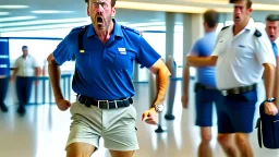 very focused image of upset man wearing shorts and polo shirt told to leave airport lounge by officer