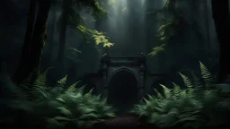 A beautifully rendered image featuring arched fern leaves nestled in a dense, dark forest. A bright light illuminates the scene, creating an ethereal atmosphere. Inspired by Michal Karcz's work, this photorealistic depiction captures the moody and dramatic essence of a moonlit night forest, with a background of deep, lush foliage.