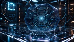 Ultra-realistic, complex 3D illuminated hologram, coming from a prototype holographic emitter, showcasing detailed close-ups capturing the delicate intricacies and patterns of a sci-fi fantasy, synthetic spiderweb, in a futuristic laboratory at night, dimly lit, sci-fi cinematic background.