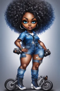 create an airbrush illustration of a chibi cartoon voluptuous black female wearing a blue jean outfit with a tie dye tshirt with biker boots. Prominent make up with hazel eyes. Extremely highly detail of a tight curly black and shiny afro. Background of a bike show