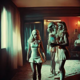 [vintage style noisy scratches glitches, Shot the texture and then rewound the film and double exposed from a colorful 1970s Italian movie] As the hot blonde cheerleader and the xenomorph mummy faced each other in the eerie hotel room, a palpable tension filled the air. The cheerleader, her youthful exuberance contrasting with the mummy's ancient horror, stood poised for a confrontation unlike any other. The xenomorph mummy, a fusion of unearthly terror and decaying majesty, regarded the cheerle