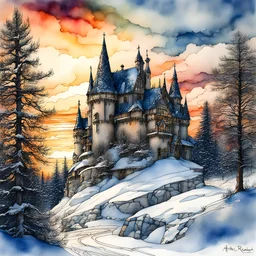 Medieval glass castle, snow, clouds, small trees (pines) winter, daylight, sunset,watercolor, architectural drawing, pen, calligraphy line, [ink], intricate detailed, by Arthur Rackham Modifiers: Award winning photography illustration intricate dynamic lighting award winning fantastic view crisp quality colourful hdr Zentangle Style