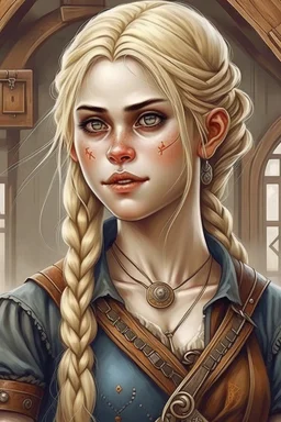 pretty girl, aged 25, blonde, conventionally attractive, medieval, viking, realism, adventurer, vampire