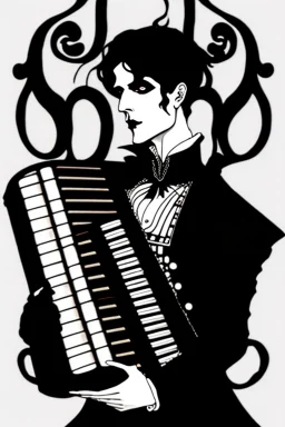 goth male necromancer with black hair playing a accordion in the style of Aubrey Beardsley