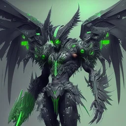 demonio de armadura negra y verde con alas de plumas , usando computadoras futuristas