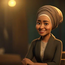 a portrait of smiling moslem woman. indonesian. carricature. thin. wearing black headscarf. warm undertone brown face skin. black eye pupils. diamond face shape. formal blazer dress. pixar style. 3D. 4k. portrait. highly detailed. sharp focus. high resolution. full color. cinema lighting