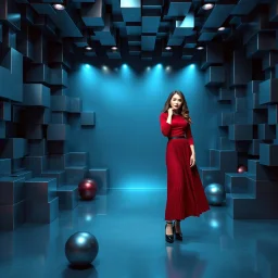 make a picture pretty stage made of metallic blue-gray teme 3d recursive cubic and sphere base structures and a beautiful fashion model lady posing with cute in black and white and the scene is in color,with dark red top and pretty pleated midi skirt ,makeup curvy long hair,dynamic camera zoom to full body and pan, dynamic lights.