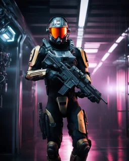 cinematic colors Length picture full body of Futuristic sci fi of a mechanized cyborg police SWAT .high key lighting, 3d bas relief, front view clock, glowing neon nixie eye, wire whiskers cyborg high contrast colors,standing pose hold weaponry,futuristic shoes,laboratory digital holograms and weapons storage room background