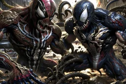 Imagine/ venom and spiderman in a battle ,Hyper-detailed ,8k, by xanuth