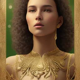 movie poster of conely with curly hair and crystal necklace trying dress focus on upper body and face