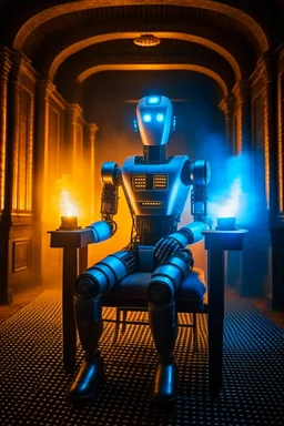 portrait of tron robot holding lotsa phones chatbot smoking a sigar on a throne in a ancient castle ruin, smoke, 4k, downlight, soft light, depth of field, photorealism