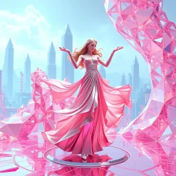very complex structure ,pretty viberating color environment 3d metalic and crystal recursive animating beveled geometric base very complex structure future world evolving background and goddess realistic modern lady in pretty cleric dress comes out dancing gracefully , viberating color moving very in modern city escape environment while camera tracking it.