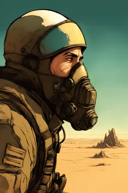 A bald rugged soldier with a short thick black beard wearing a bomber jacket, wearing a rebreather mask over his mouth, looking out upon a desert planet while the sun sets behind him art style Alex Maleev
