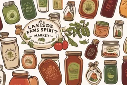 Stickers for a lakeside farmers' market "Good Spirit Market" in a national parks sticker style, featuring illustrations of home preserves.