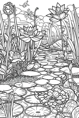 coloring page for kids, Soothing lotus pond with dragonflies and koi fish, cartoon style, thick outline, low details, no shading, no color