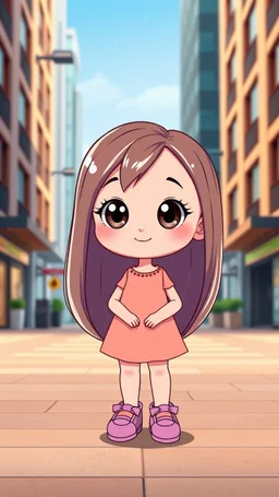 A beautiful, adorable cartoon little girl. Long shiny hair, large sparkling eyes (like anime or Disney characters), a small face and delicate nose. A happy, innocent expression with a small smile standing in modern city open stage with prettyy shoes. Clean design, vibrant and warm colors, modern studio animation style, 4K quality.