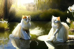 Cats in wedding dress next to a pond in sunshine