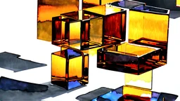 Grayscale abstract sculpture park, art style watercolor painting, metal smooth abstract shapes in distance, glass cubes with vivid dark amber glass in foreground, soft golden hour lighting