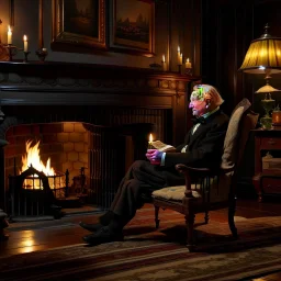 A pleasant and charming scene of a 70-year-old man in the Victorian period sitting on a wing chair next to the fireplace and reading The Times of London while enjoying a glass of wine on a winter evening. The man has a balding forehead and curly white hair. He wears black shoes and sits by the hearth on which candles are lit in candlesticks. On the wall hang paintings of an English countryside landscape. A boxer dog is napping on a carpet on the floor next to the woman. . The room is lit by th