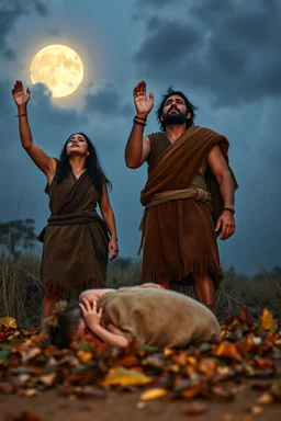 A Stone Age man and his wife crying ,wearing an animal skin cloths standing with anger , looking up to the sky , raising both hands up like prayer. His baby who is laying dead on the ground covered with leaves, A cloudy stormy behind a dim lighting moon ,4k, dramatic scene,