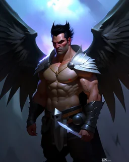 Batman, barbarian, dnd character, shoulders and head, angelic wings clima soleado