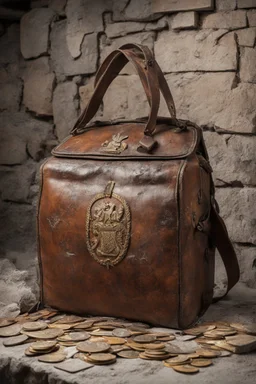 in the BASEMENT there is an old, broken brown oblong leather chest with short handles, from which gold coins from the time of Catherine the Great fall out. The ancient coat of arms of tsarist Russia, the double-headed eagle, is BARELY VISIBLE on the bag. There are a lot of broken bricks and earth around the bag. All in high quality 8K