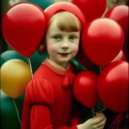 Autochrome, cute russian girl in red, covered with balloons
