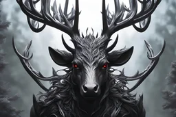 Shadow symbiote in 8k anime realistic drawing style, human model, close picture, Deer them, neon crystal antlers deer, intricate details, highly detailed, high details, detailed portrait, masterpiece,ultra detailed, ultra quality