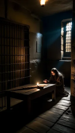 An abandoned prison cell , cavernous depths of the cellar , prisoner with long heard and hair laying down on a Ruth bed with dim light of a candle and a closed door