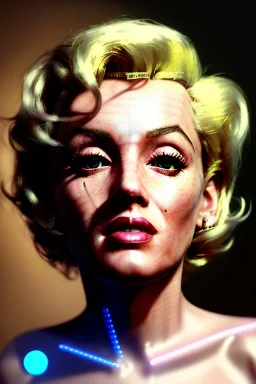 Ultra Realistic image, portrait, blonde woman, sweet Marylin Monroe face, perfect iris, glow eyes, gold makeup, wires attached to head. Mad max style, latex coat, fog, rain, soft color, highly detailed, unreal engine 5, ray tracing, RTX, lumen lighting, ultra detail, volumetric lighting, 3d, finely drawn, high definition, high resolution.