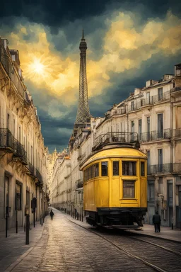 lisbon city view with famous yellow tram and eiffel tower in background, van gogh style, dramatic sky, dramatic lighting