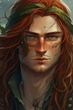 determined wet pirate nereid male with freckles and seaweed in long auburn hair