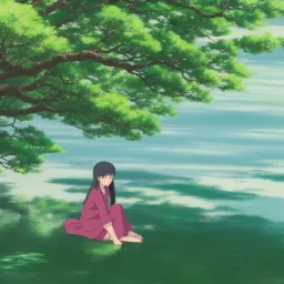 Girl sitting by the river, green landscape with bioluminescent trees, high quality, intricate detail, sharp focus, theme park, romantic, at dusk, light dust, makoto shinkai, studio ghibli