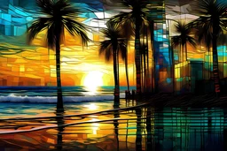 picture of ocean drive, With the view of the ocean, with the setting sun, brighter, palms, abstract image with metallic reflection