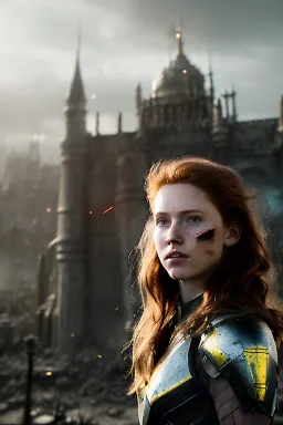 ultrarealistic, concept art, panoramic, ruined city,__intricate fantasy armor__, no star, __angles__, 18 year old woman, strikingly beautiful,ginger hair, _colour_, (pale __skincolor__ skin:1.2), __camera__, long hair, detailed face and eyes, medium breasts, sci-fi theme, freckles, dynamic pose, resolved expression, __accessory__, strappy outfit, (straps:1.1), sword in scabbard on left hip, (buckles, buttons, snaps, rings:1.0), haltertop style breastplate, detailed eyes, plump lips