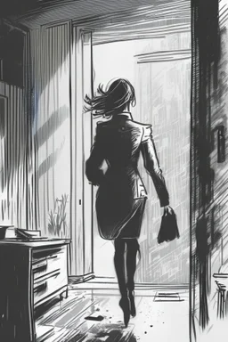 woman walking away out of someone's office with big windows sketch style