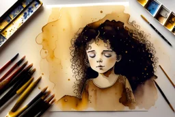 A hand holding a small girl with long curly brown hair sleeping in watercolor and ink, golden patina, glitters in ochre, backlit, mist and fog